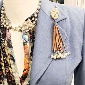 Buddah Head Suede & Pearl Tassel Magnet Broach, For Clothes/ Hat/ Home Decor.